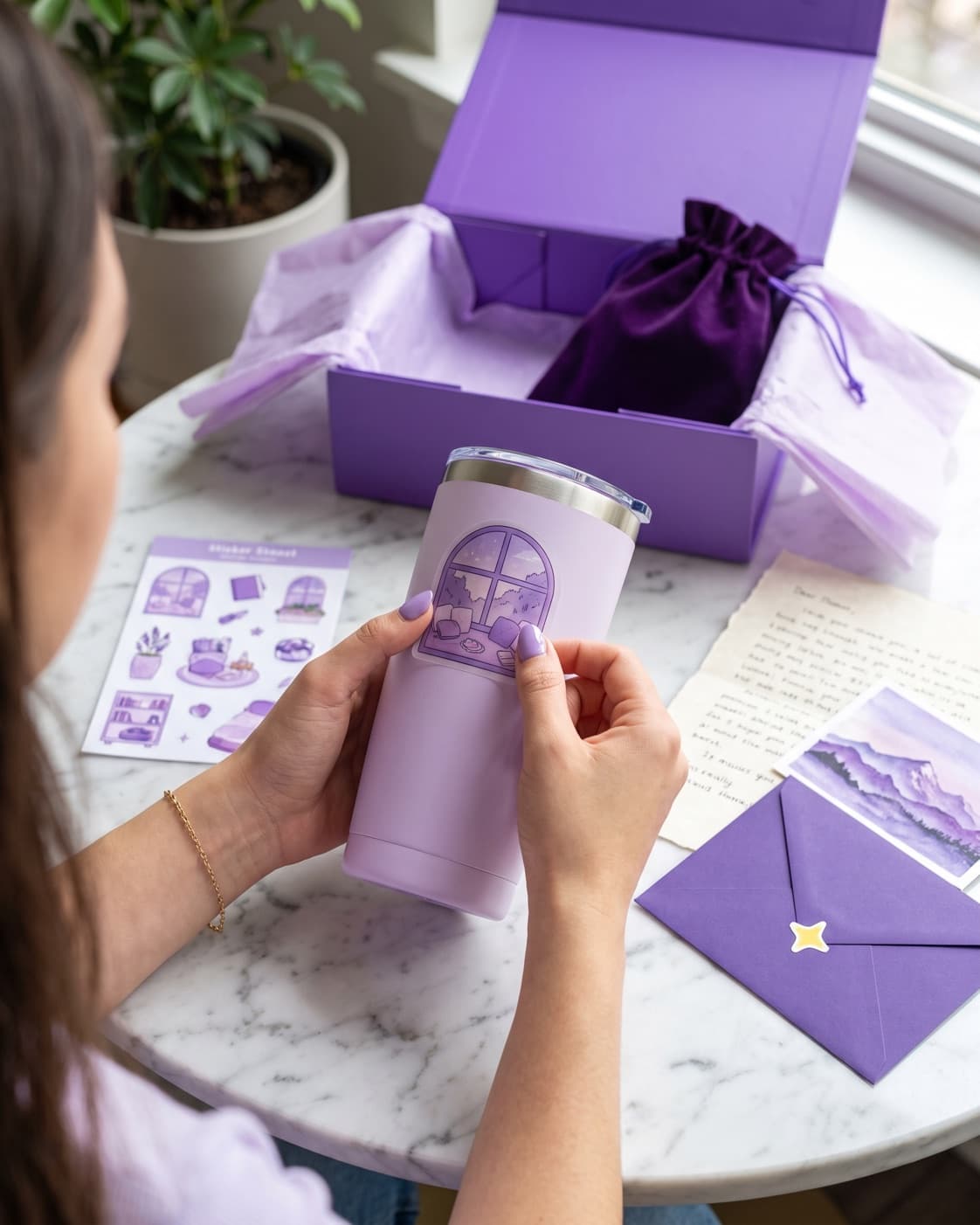 Mãos personalizando um copo lilac com adesivo ao lado da caixa e da cartela do capítulo